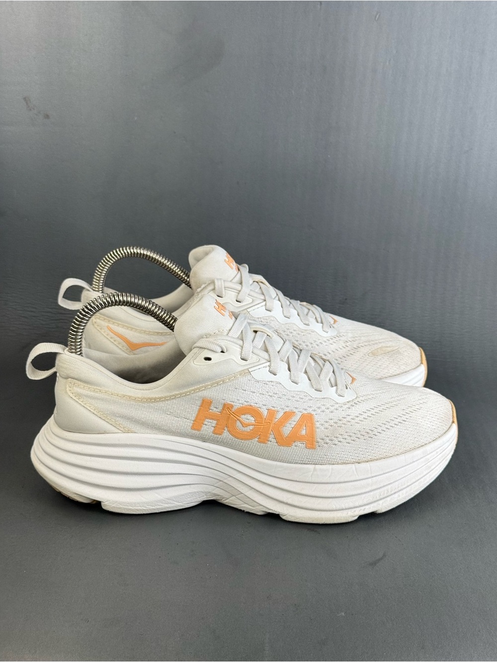 Hoka One One Bondi 8 White Cantaloupe athletic sneaker shoes  women size 7.5